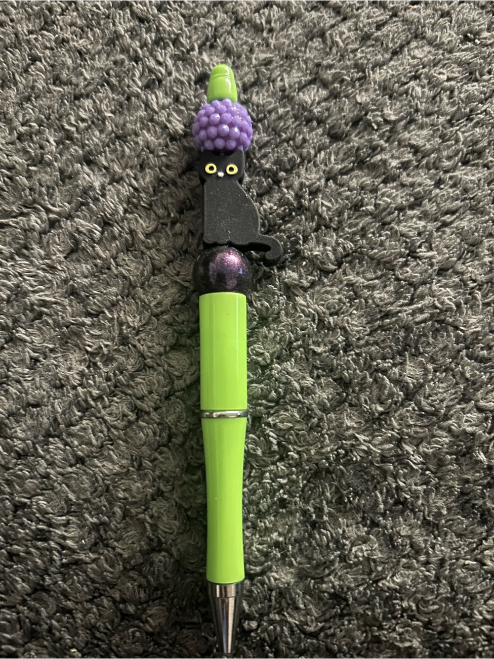 Hand Crafted Lime Green and Purple Cat-Top Ballpoint Pen